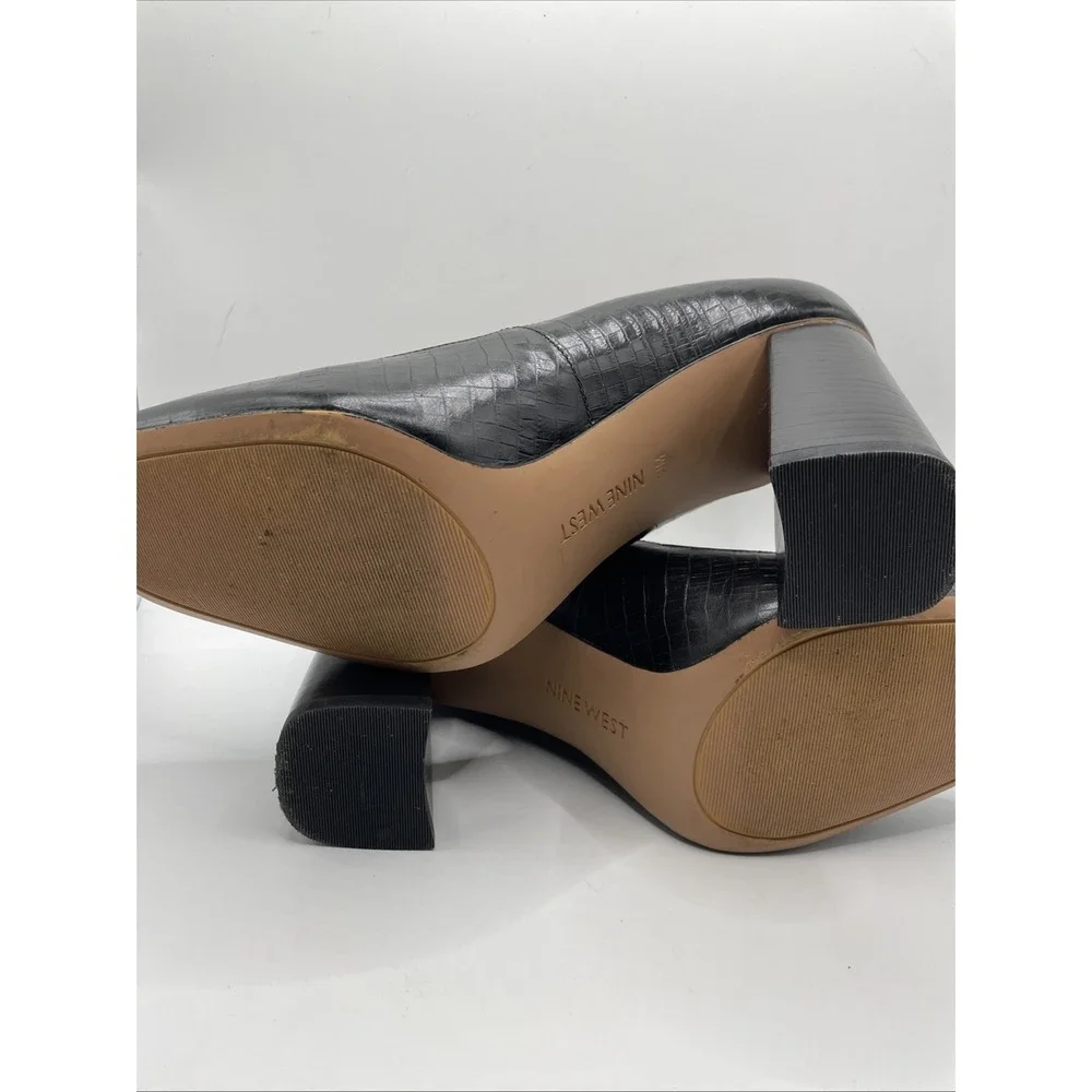 Nine West Block Heel Croc Embossed Black Leather Pumps Women's Size 9.5 M